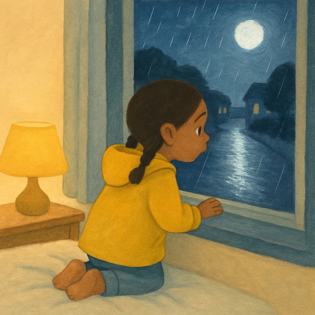 A child kneeling at a bright window at night, looking out at a wet shining street