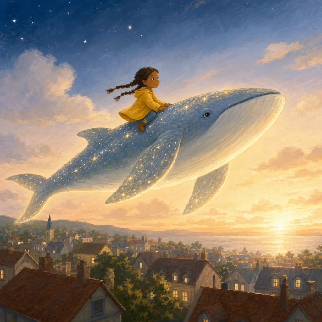 A child riding a glowing whale above the rooftops of a town at dawn