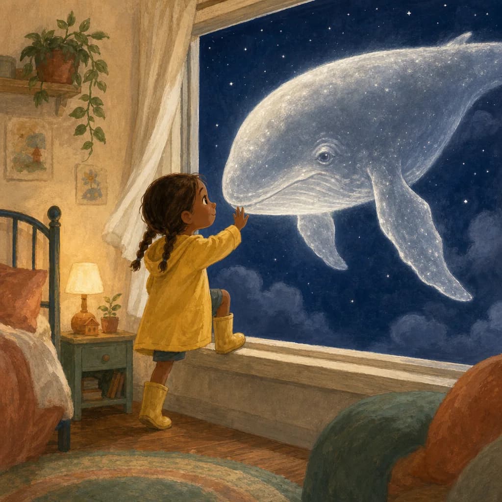A child in boots stepping from a window ledge toward a glowing whale hovering outside