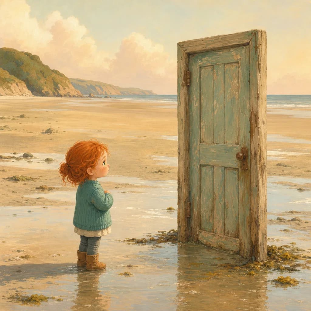 A small child on a wide empty beach at low tide standing before a wooden door in the sand