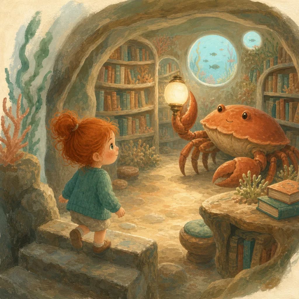 A small child going down stone steps into a room of shelves with a large crab holding a lamp