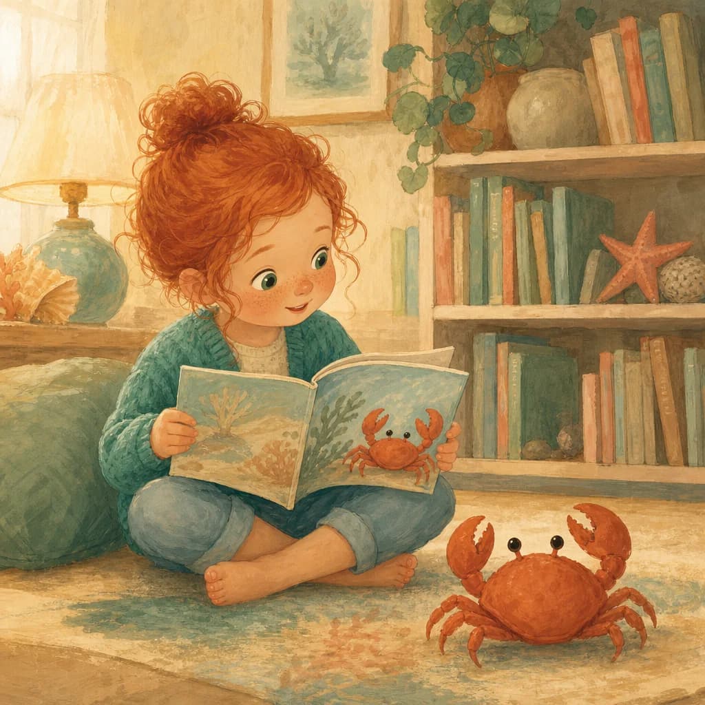 A small child reading aloud to a crab in a cozy room of books under the sea