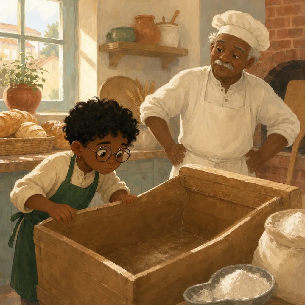 A child in a green apron looking into an empty flour bin in a small bakery before dawn