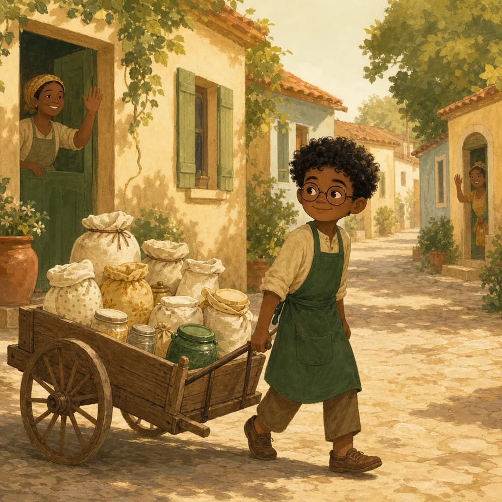 A child pulling a small handcart of flour bags along a village street in morning light