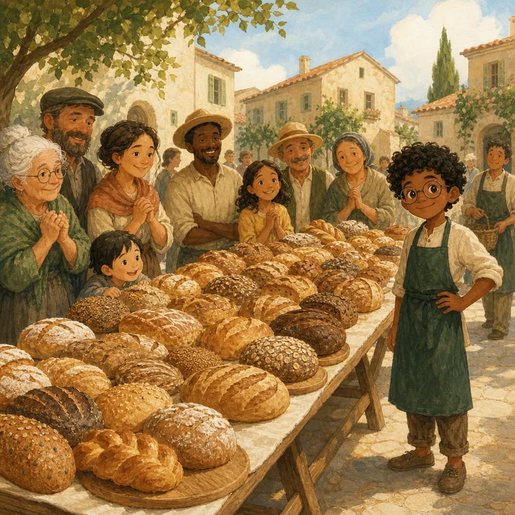 A long trestle table in a village square covered with different shaped loaves of bread